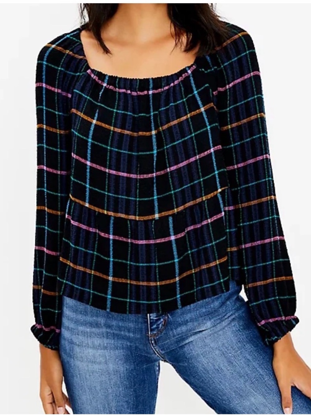LOFT Peasant Blouse Windowpane Multicolor Plaid  Peplum Drop Waist Small